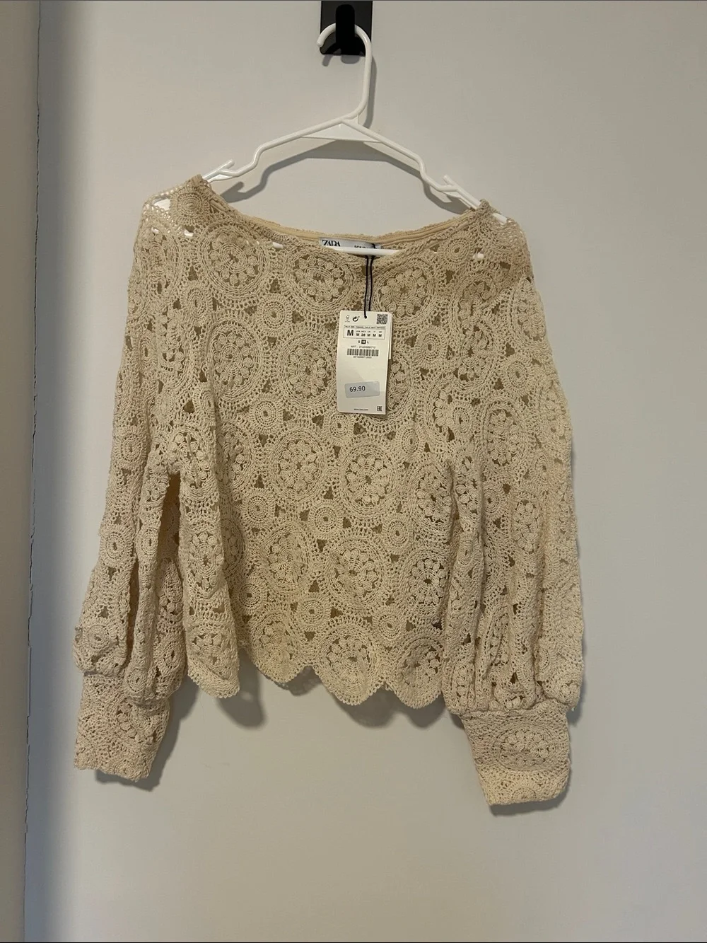 Zara Crochet Lace Balloon Sleeve Top - Beige